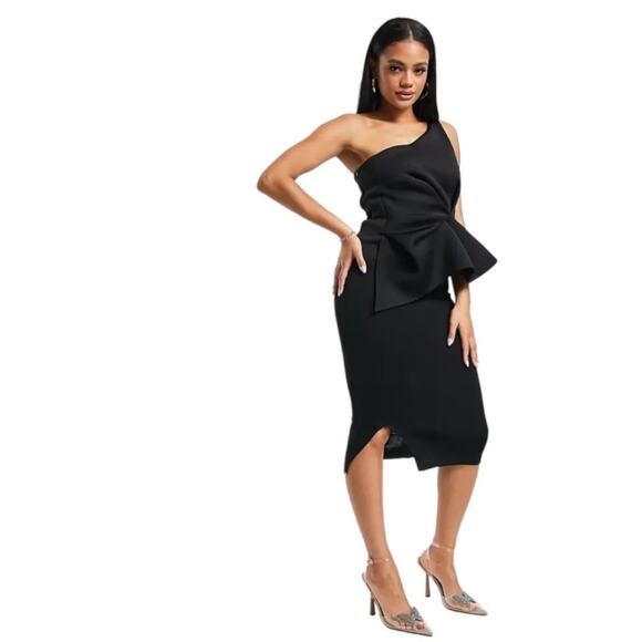 ASOS DESIGN One Shoulder Half Peplum Pencil Midi Dress Black Size 4 NWT - Picture 1 of 10